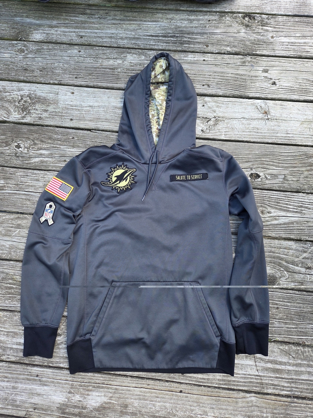 NFL Dolphins Men's Gray Salute to Service Hoodie with Team and Flag Patches